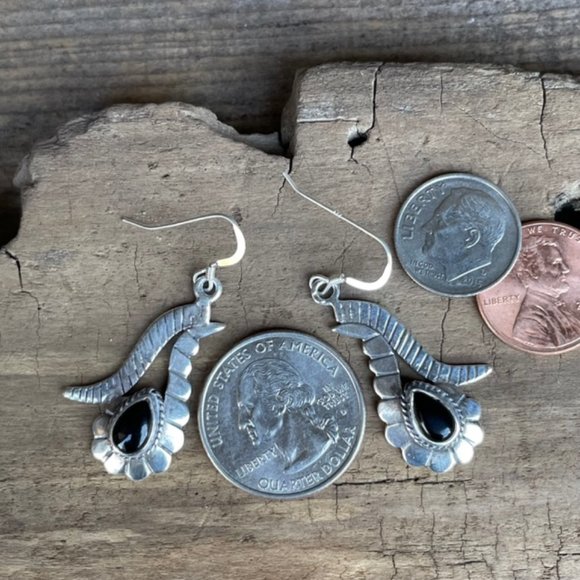Vintage Old Pawn Native American Sterling Silver Onyx Dangle Drop Earrings - Picture 6 of 12